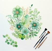 AI generated an arrangement on watercolor paper with paint brushes and pencils, photo