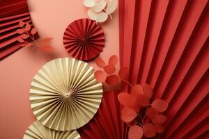 ai generado un animado origami papel ventilador y algunos rojo papel kimono foto