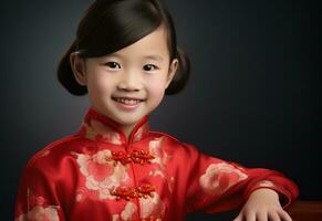 ai generado un joven niña sonriente en un asiático cheong sam vestir foto