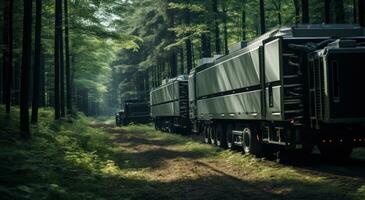 AI generated two trailers are on the road next to some trees photo