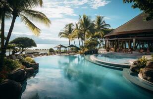 AI generated the swimming pool in a resort with an ocean view photo