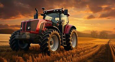 ai generado esta es un imagen de un tractor en el campo, a puesta de sol foto