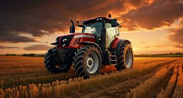 ai generado esta es un imagen de un tractor en el campo, a puesta de sol foto