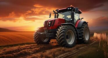 ai generado esta es un imagen de un tractor en el campo, a atardecer, foto