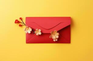 AI generated beautiful money envelope sitting on top of a yellow background red envelope stock footage photo