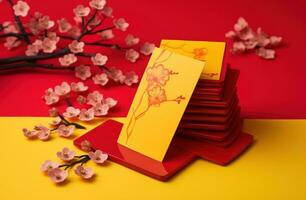 AI generated beautiful money envelope sitting on top of a yellow background red envelope stock footage photo