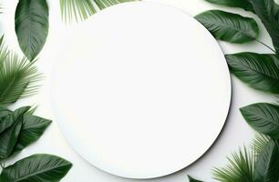 AI generated circular tropical leaves, white background photo