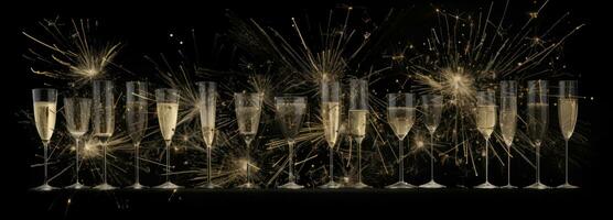 AI generated champagne glasses and fireworks against a dark grey background, photo