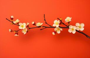 AI generated cherry blossom branch in front of a yellow background, l photo