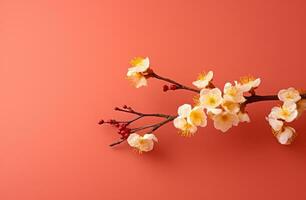 AI generated cherry blossom branch in front of a yellow background, l photo