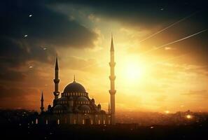 AI generated eid ul fitr and a mosque are silhouetted against the sky, photo