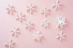 ai generado Navidad copos de nieve en rosado fondo, foto