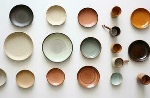AI generated different coloured ceramic plates and cups arranged on a white table, photo