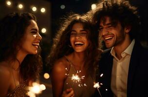 AI generated four young people holding sparklers on a club, photo