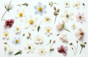 AI generated flowers are arranged on top of a white background photo