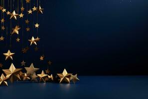 AI generated gold christmas ornaments arranged in a blue frame with stars photo