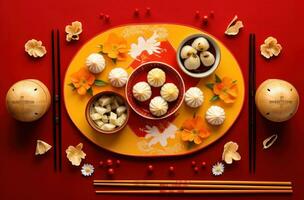 AI generated dumplings and xiao long bao on red table with chopsticks, i photo