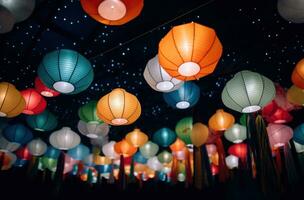 AI generated colorful paper lanterns hanging from the ceiling bokeh photo