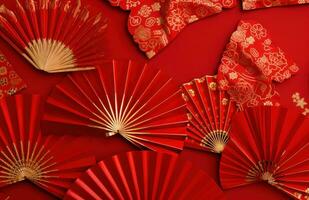 AI generated decorative chinese new year fan patterns printed on a red background, photo