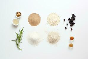 AI generated four ingredients arranged on a white background photo