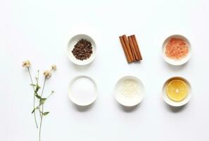 AI generated four ingredients arranged on a white background photo