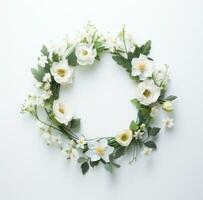 ai generado floral guirnalda con flores en eso en un blanco foto