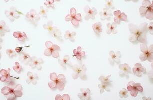 ai generado flores son arreglado en parte superior de un blanco antecedentes foto