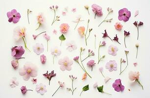 AI generated flowers are arranged on top of a white background photo