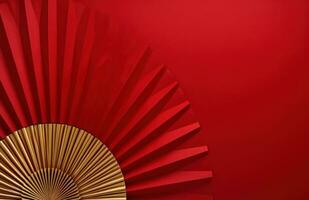 AI generated gold paper fan on red background, photo