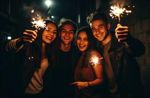 ai generado cuatro joven personas participación bengalas en un club, foto