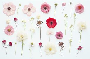 AI generated flowers are arranged on top of a white background photo