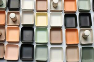 AI generated different coloured ceramic plates and cups arranged on a white table, photo