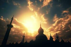 AI generated eid ul fitr and a mosque are silhouetted against the sky, photo