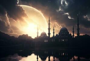 AI generated eid ul fitr and a mosque are silhouetted against the sky, photo