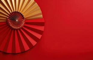 AI generated gold paper fan on red background, photo