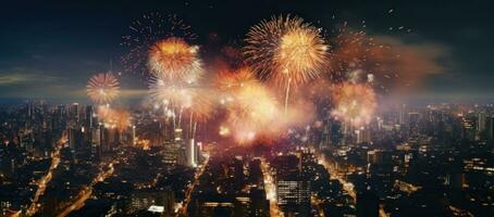 AI generated fireworks explode in an city during the new year photo