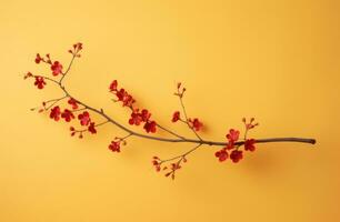 ai generado rojo florecer con rama aislado en amarillo antecedentes foto