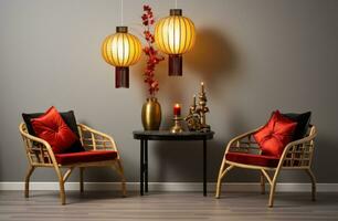 ai generado nuevo años víspera decoración de chino linternas en un vivo habitación foto