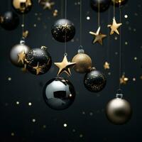 AI generated more golden holiday ornaments on a dark background, photo