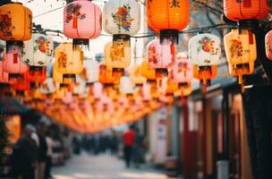 AI generated numerous colored lanterns hanging above the street. photo