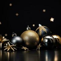 AI generated more golden holiday ornaments on a dark background, photo