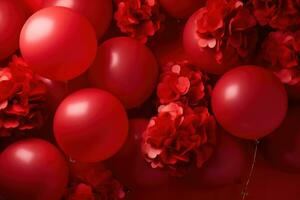 ai generado contento chino nuevo año con rojo globos y flores en un antecedentes con rojo fondo, foto