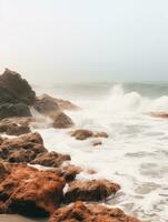 AI generated ocean waves on the beach with some rocks photo