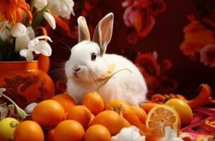 AI generated one rabbit and orange on a flowery background. photo