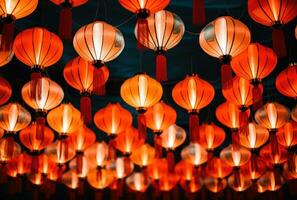 AI generated many multicolored paper lanterns hanging in the air, photo