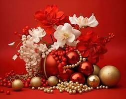 AI generated new year decoration with gold balls and flowers on red background photo