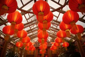 AI generated many multicolored paper lanterns hanging in the air, photo
