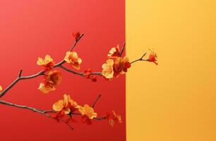 AI generated red blossom with branch isolated on yellow background photo