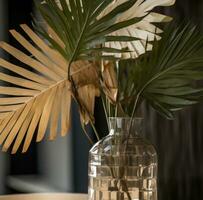 AI generated medium palm leaves in a glass vase, photo