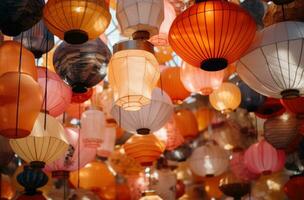 AI generated many multicolored paper lanterns hanging in the air, photo